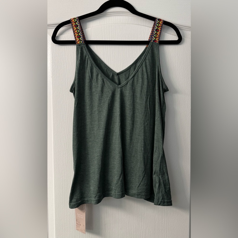 Women’s Green V-Neck Tank Top with Embroidered Straps - Picture 10 of 11